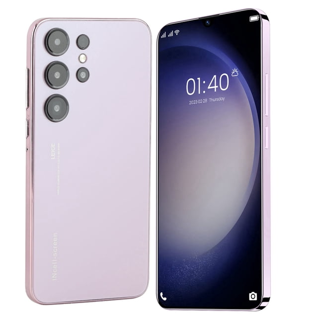 s23 teléfono celular ultra de 6.0 pulgadas S23 Ultra 6.0" smartphone metal rosa, vista frontal y trasera centrada; pantalla curva de 6.0" con muesca en gota, módulo trasero con tres lentes y flash, carcasa de vidrio y bordes metálicos, puerto tipo C y conector 3.5 mm, tres ranuras (2 Nano SIM + microSD), 2GB RAM/16GB ROM y batería 6800 mAh; a menudo usado por estudiantes para estudio y para el trabajo.