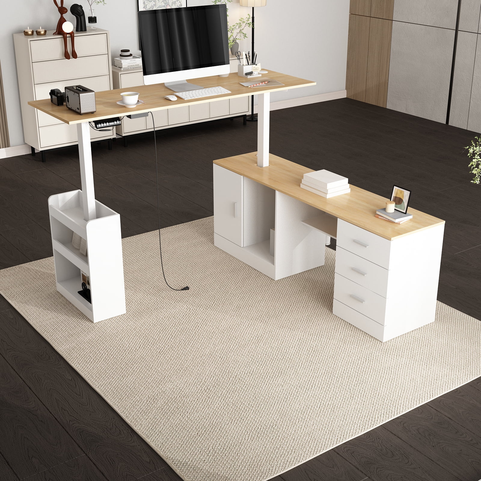 KULAGAGA Electric Standing Desk with Drawers and Shelves, Executive Adjustable Height Desk, L-Shaped Design, 63 inch Tabletop, for Office Deep Oak & White