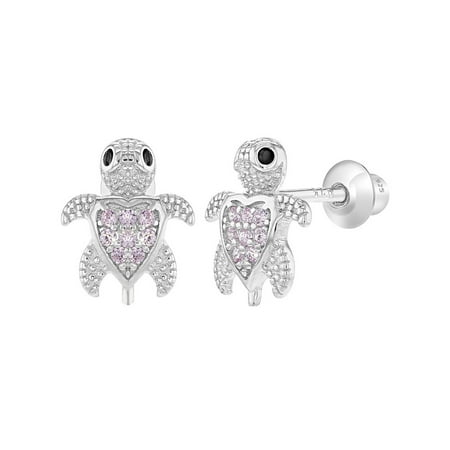 925 Sterling Silver Pink CZ Little Turtle Screw Back Earrings for Toddlers Girls