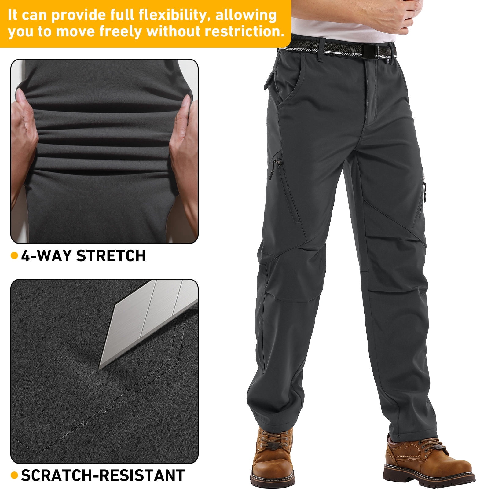 FEN AI Snow Ski Pants Men Waterproof Softshell Pant Snowboard Trousers Fleece Lined Outdoor Hiking Cargo Pants with 6 Pockets