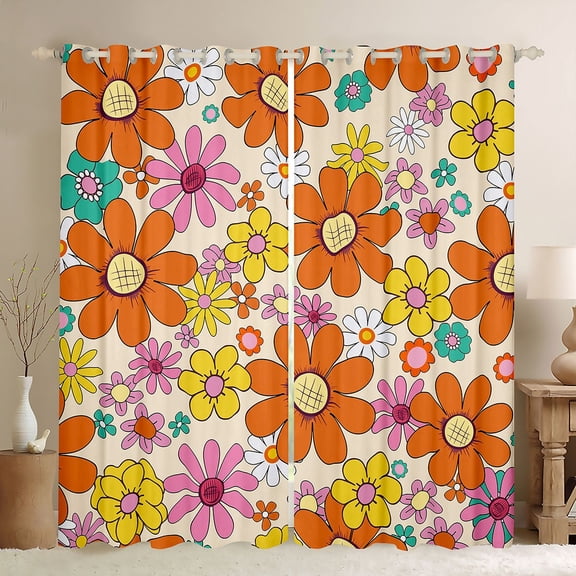Homewish Kawaii Blossom Black Out Curtains,Cute Flower Floral Curtains Pack of 2 (42x63 Each),Orange Yellow Bedroom Curtains For Girl Teens,Super Cozy Room Decor