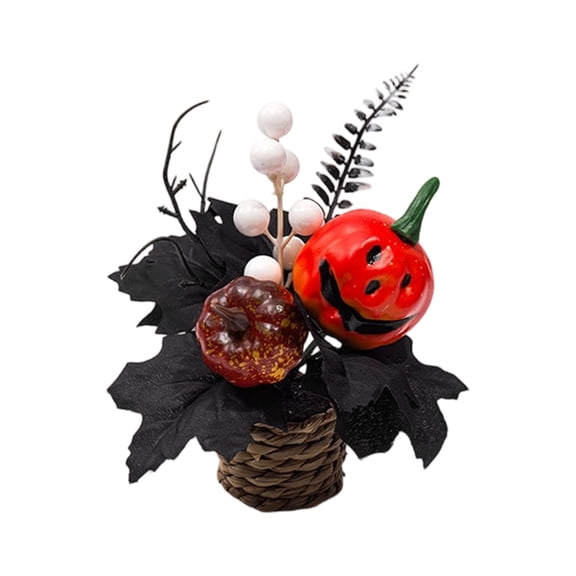 Halloween Artificial Pumpkin Tabletop Ornamnet, Woven Pot Arrangement with Black Maple Leaves Sunflowers and Berries for Spooky Fall Centerpiece Display, Festive Home Accent