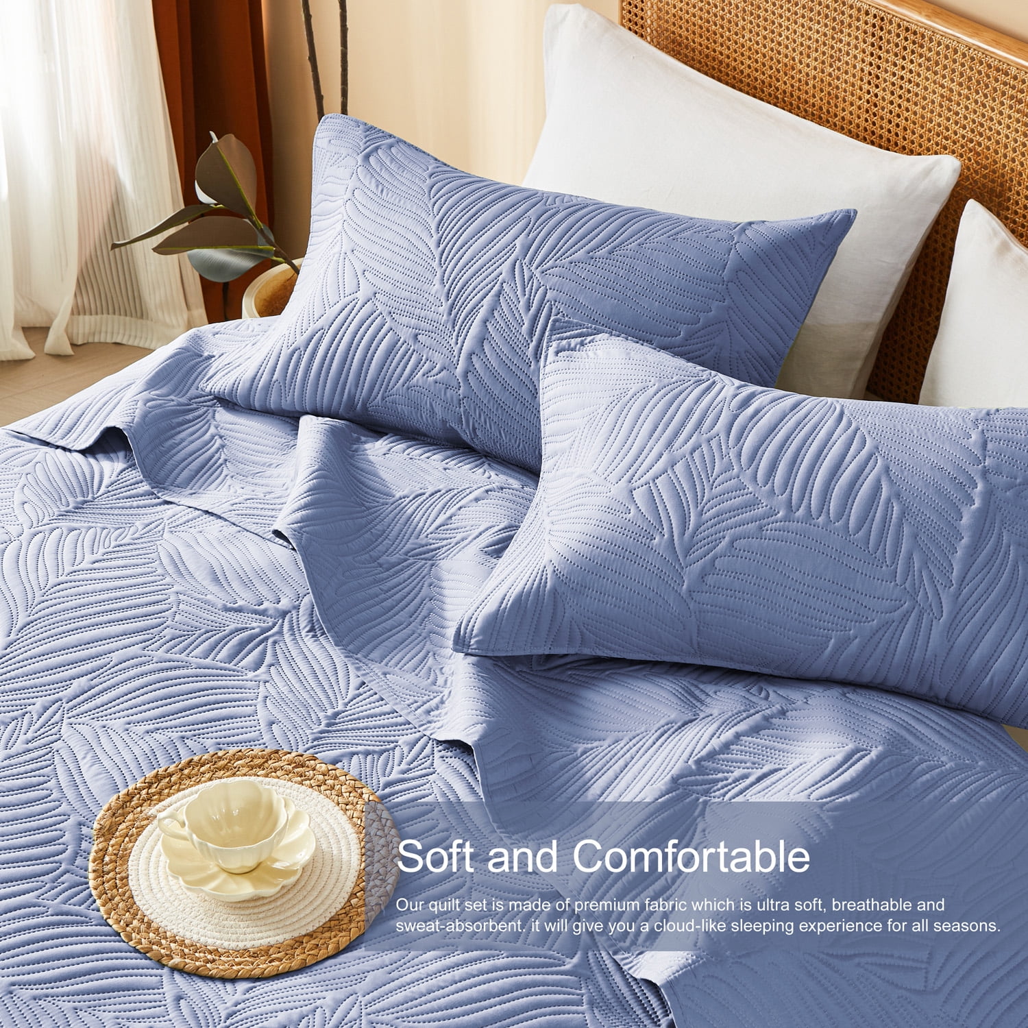Davulos Twin Quilt Bedding Set Blue Soft Lightweight Bedspread 68"x85" with Leaf Pattern Microfiber Bed Coverlet Quilt Bedding Set for All Season (1 Quilt,1 Sham)