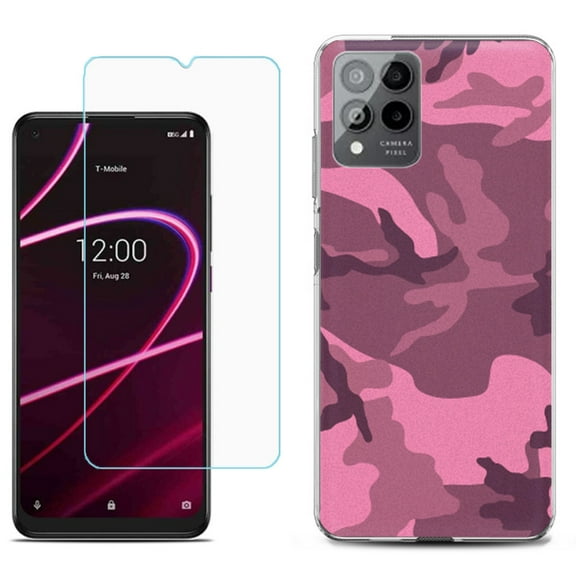 Slim-Fit Gel TPU Phone Case for T-Mobile Revvl 6 Pro 5G, with Tempered Glass Screen Protector, by OneToughShield ® - Camo Pink