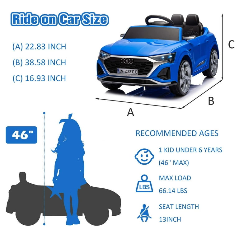 Licensed Audi SQ8 12V Kids Ride-On Car With Remote Control - For Ages 3+, LED Lights, Music, 3 Speeds, Parental Remote, Blue