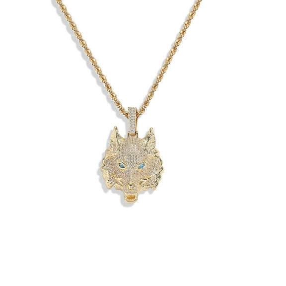 Hip Hop AAA  CZ Stone Paved Bling Ice Out Cool Wolf Head 14K Yellow Gold Pendants Necklaces for Men Rapper Jewelry