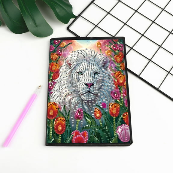 Diamond Painting Kit Notebook, White Lion DIY Art Craft Kit, A5 Perfect Creative Gift, Diamond Decoration, Suitable for Painting, Writing and Notebook Use