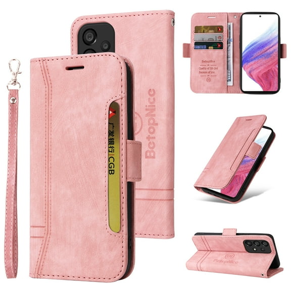 Dteck Fit for Samsung Galaxy A53 5G (6.5 inch ) Wallet Phone Case with Wrist Strap,Shockproof Premium PU Leather Magnetic Clasp ID Credit Card Holder Slots Flip Stand Protective Phone Cover,Pink