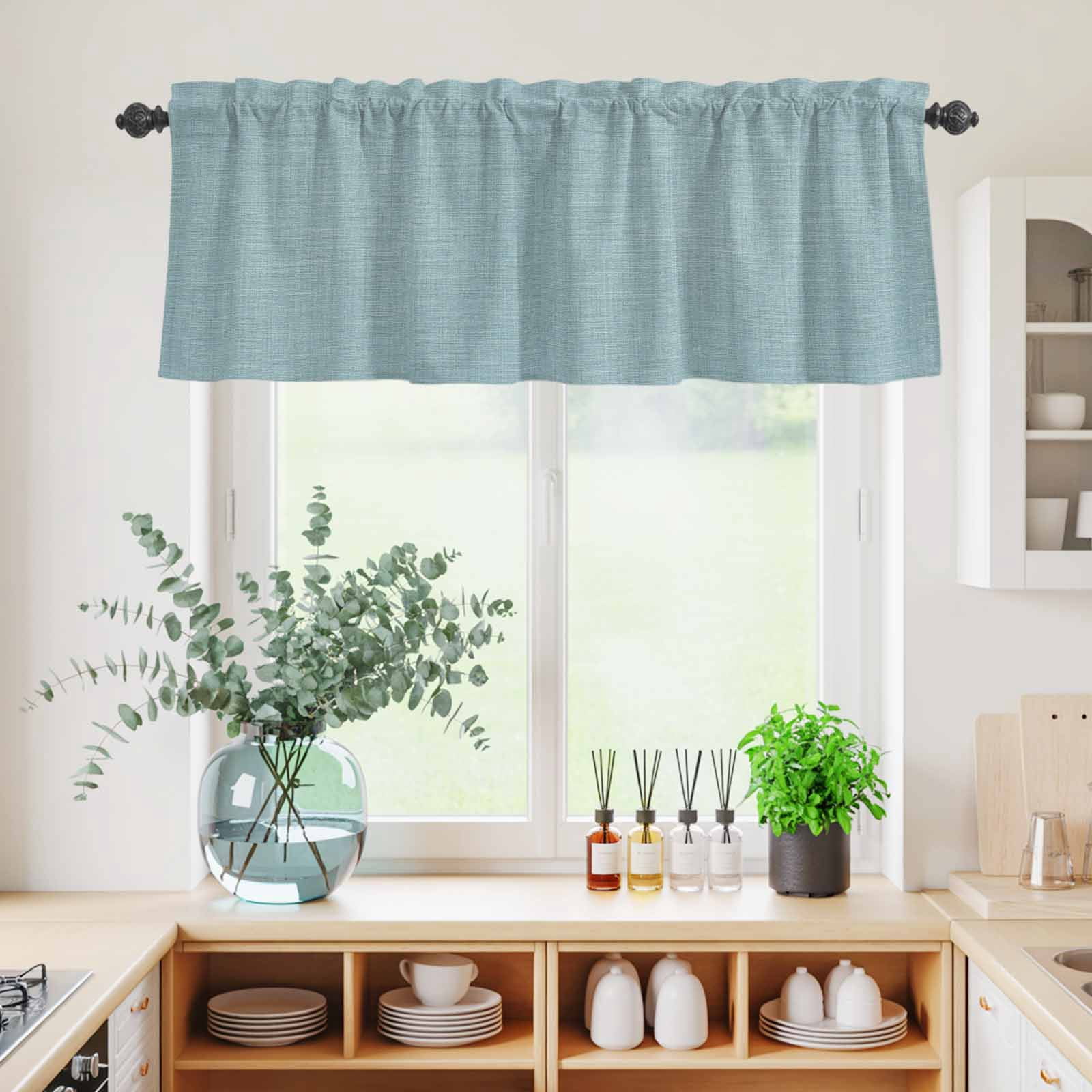 Vintage Haze Blue Kitchen Curtains Sets for Windows 36 Inch Length, Farmhouse Retro Solid Color Linen Texture Rod Pocket Window Treatments Tier Curtains and Valances Set for Bedroom/Bathroom