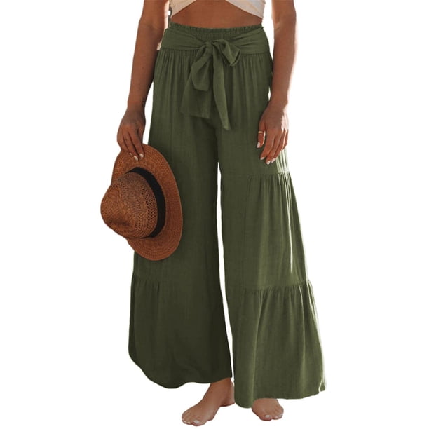 VISgogo Pantalones de pierna ancha para mujer, cintura alta, color sólido, con cordón, informal, para fiesta, club, pantalones sueltos VISgogo moda