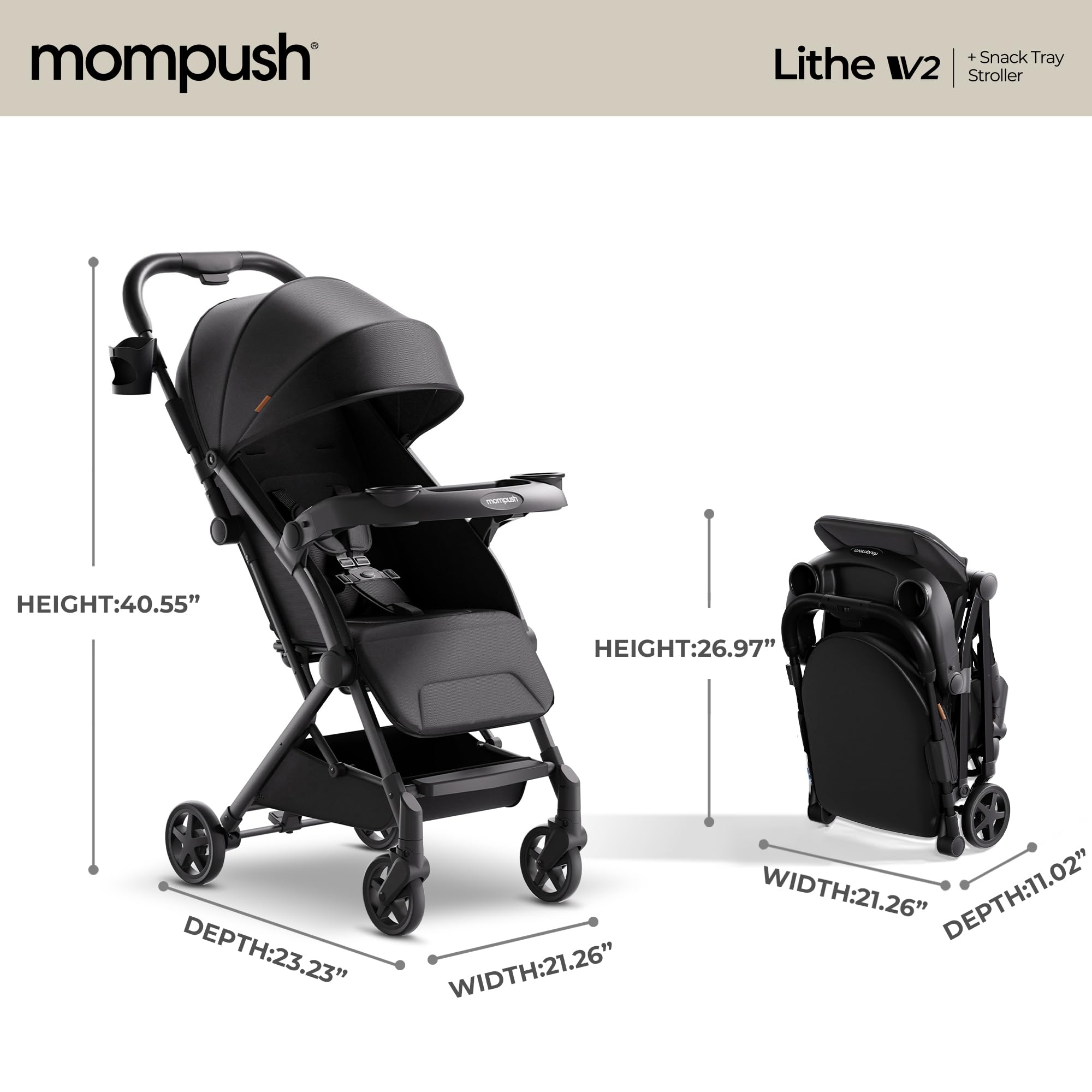 Mompush Lithe V2 Lightweight Stroller, Black, 17.3 LB photo 8