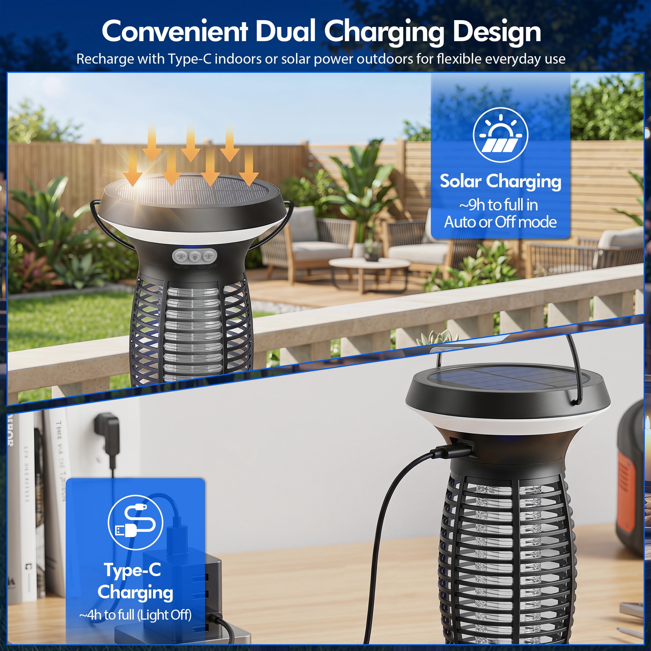 Aenkyo Solar Bug Zapper Outdoor, 4200V Mosquito Killer Lamp, 3-in-1 LED Light, IPX5