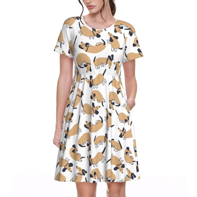 Disketp Dachshund Dog Puppy para Vestido de Manga Corta para Mujeres, Vestidos de Verano para Mujeres, Casual y Holgado para la Playa