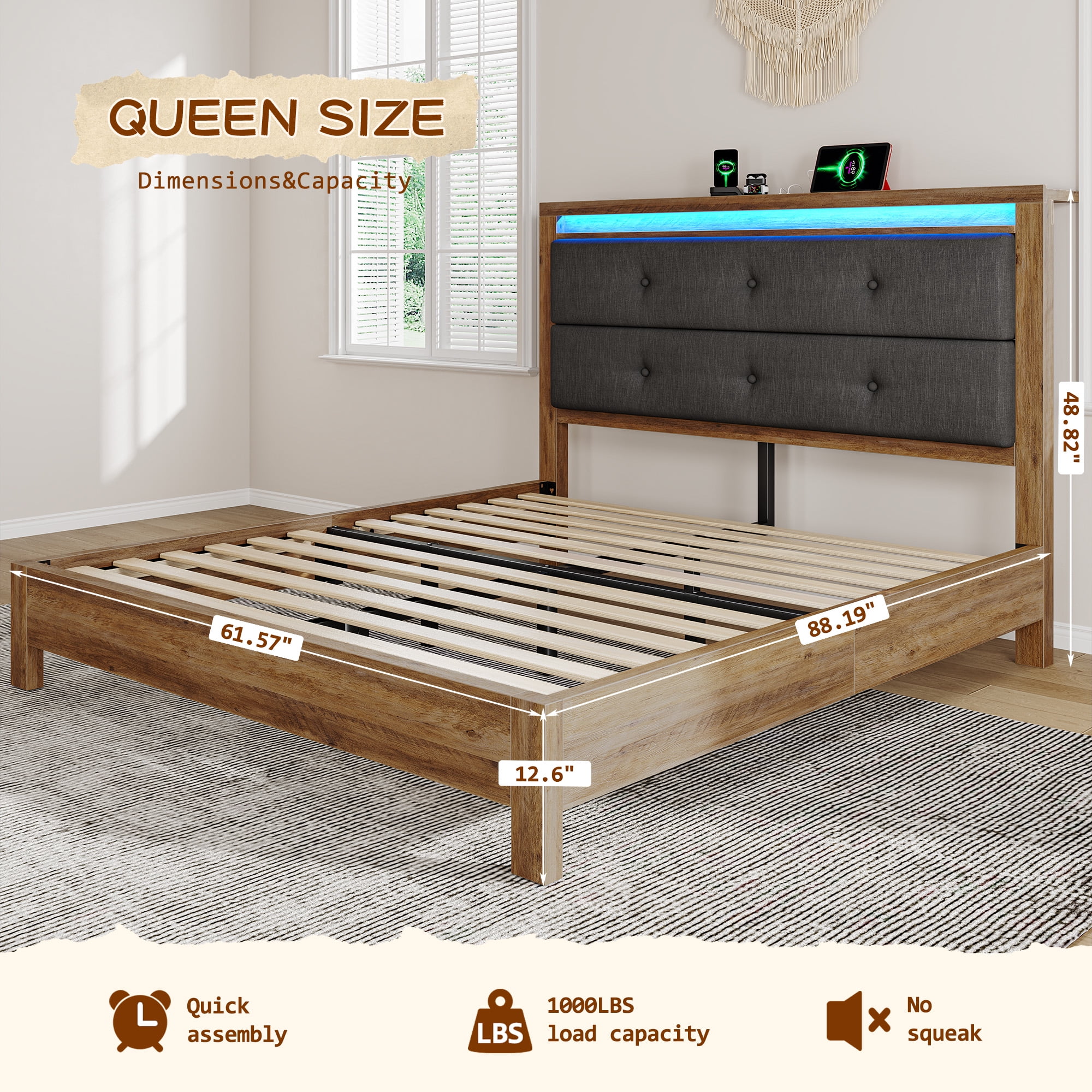 EnHomee Queen Bed Frame with LED Lights and Charging Station Upholstered Platform Bed with Headboard & Storage Shelf Sturdy Wood Qunne Size Bed Frame, No Box Spring Needed, Gray