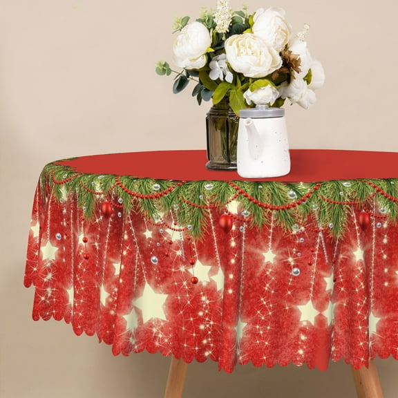 Nanqianyi Red Christmas Round Tablecloth 70 Inch, Golden Shiny Stars Xmas Wreath Decor for Winter Indoor Kitchen Table Cover