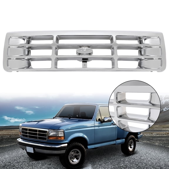 Grille for 1992-1996 Ford F-150 / F-250 / Bronco Shell Bumper Grille Replacement for FO1200173 F4TZ8200A Grill Assembly Silvery  Plastic Chrome