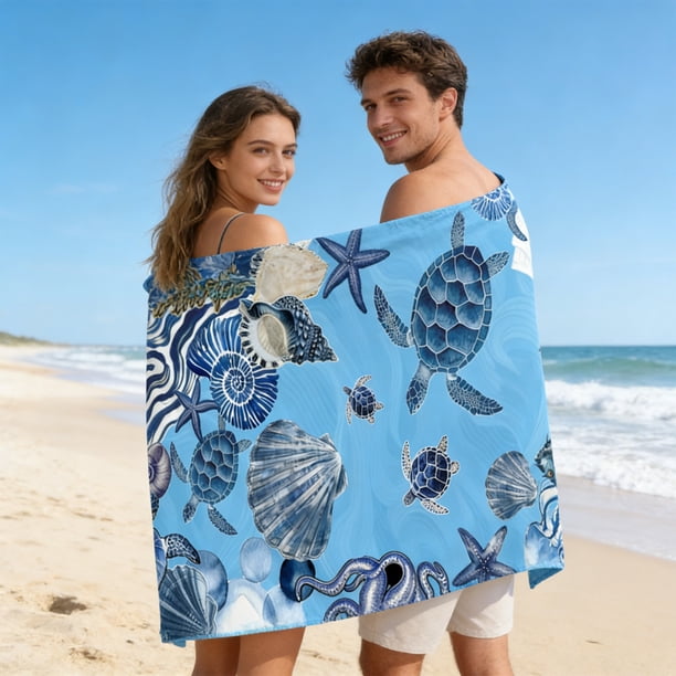Toalla de playa con temática marina, con estampados de estrellas de mar, conchas y tortugas marinas. Toalla de microfibra absorbente de secado rápido, ideal para viajes, piscina y uso al aire libre.