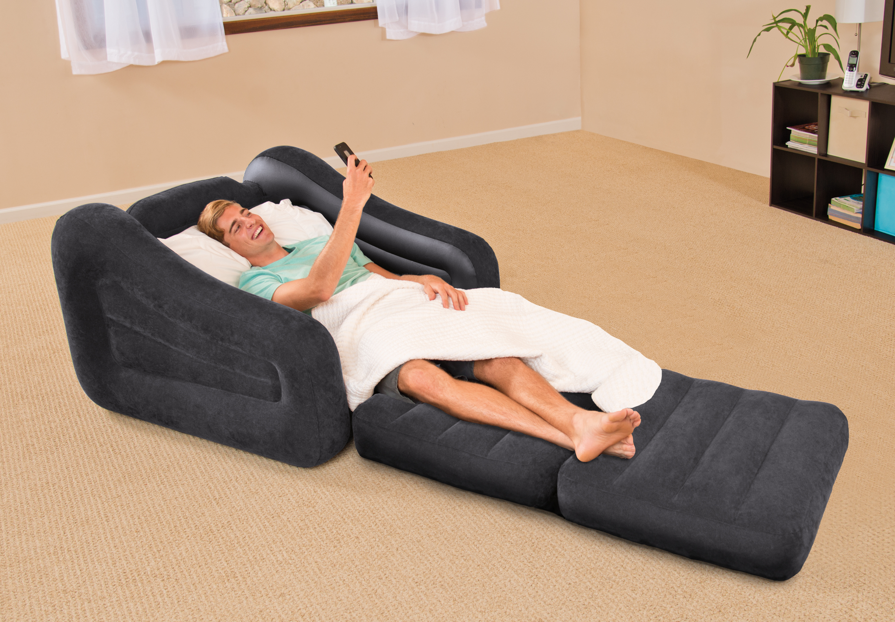 Inflatable Air Chair With Pull Out Twin Bed Mattress Sleeper Gray Inflatable Air Chair With Pull Out Twin Bed Mattress Sleeper Gray Intex New