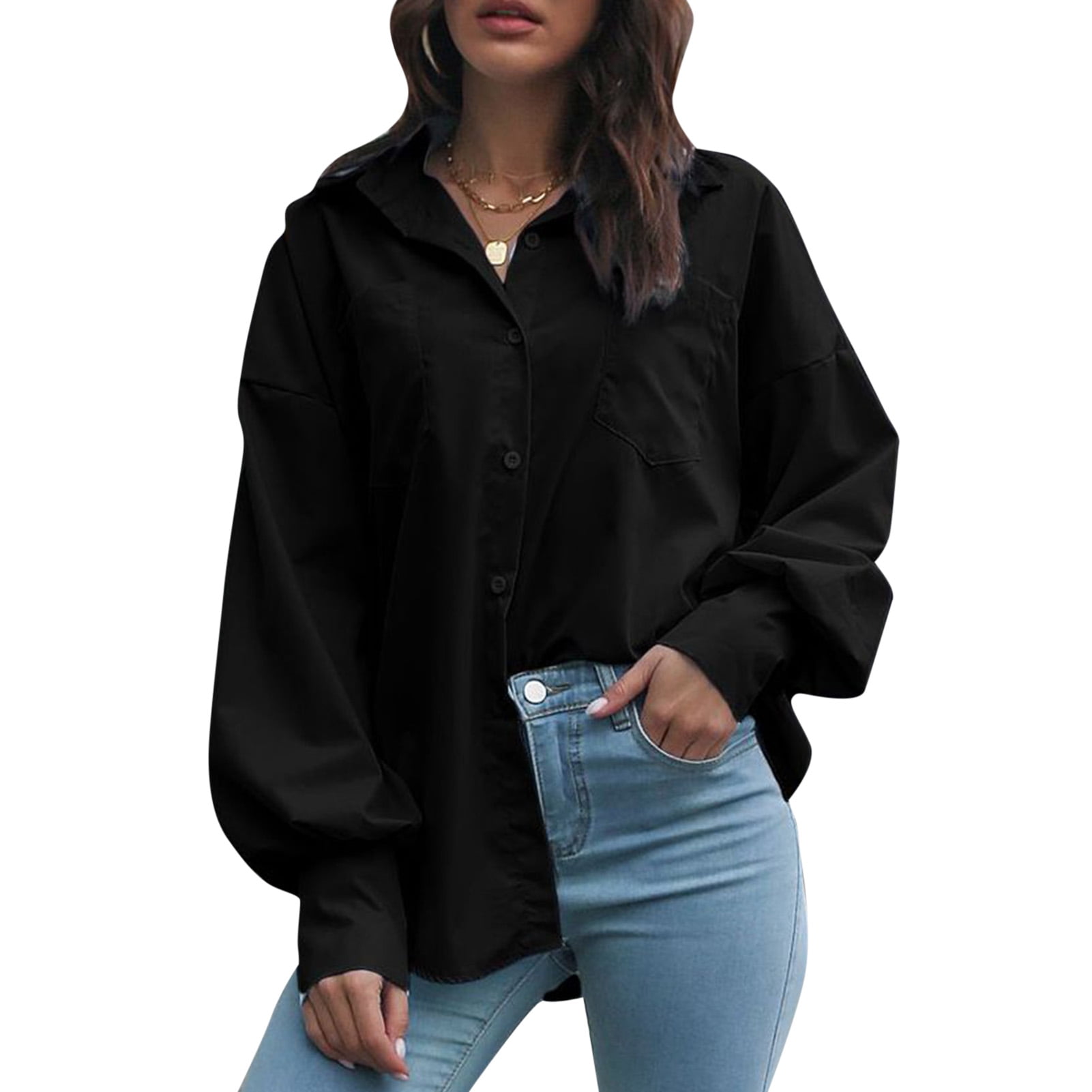 Women Loose Shirt Solid Lantern Long Sleeves Drop Shoulder Buttons