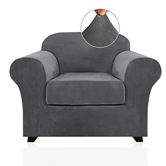 Real Velvet Stretch Chair Covers 2 Piece Armchair Cover Slipcovers - Include Base Cover and Cushion Cover - Sofa Covers Couch Covers 1 Seater Chair Slip Cover, Feature Thick Soft Velour, Gre