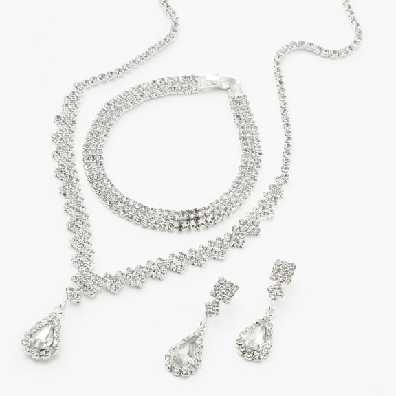Claire's Unisex Silver Cubic Zirconia Teardrop Jewelry Set 3 Pack