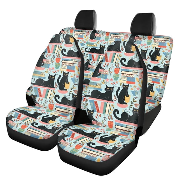 Psesaysky Black Cat Book Pattern Car Front & Rear Seat Covers Full Set Car Seat Cover Sets, Anti-Slip Compatible with Truck Trucks