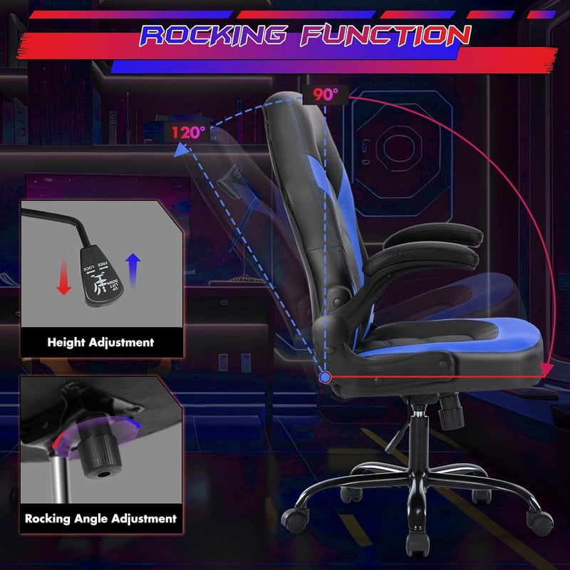Beddle Gaming Office Chair, Ergonomic PU Leather High Back Swivel Computer Desk Chair with Flip-up Arms, Lumbar Support, Black Blue