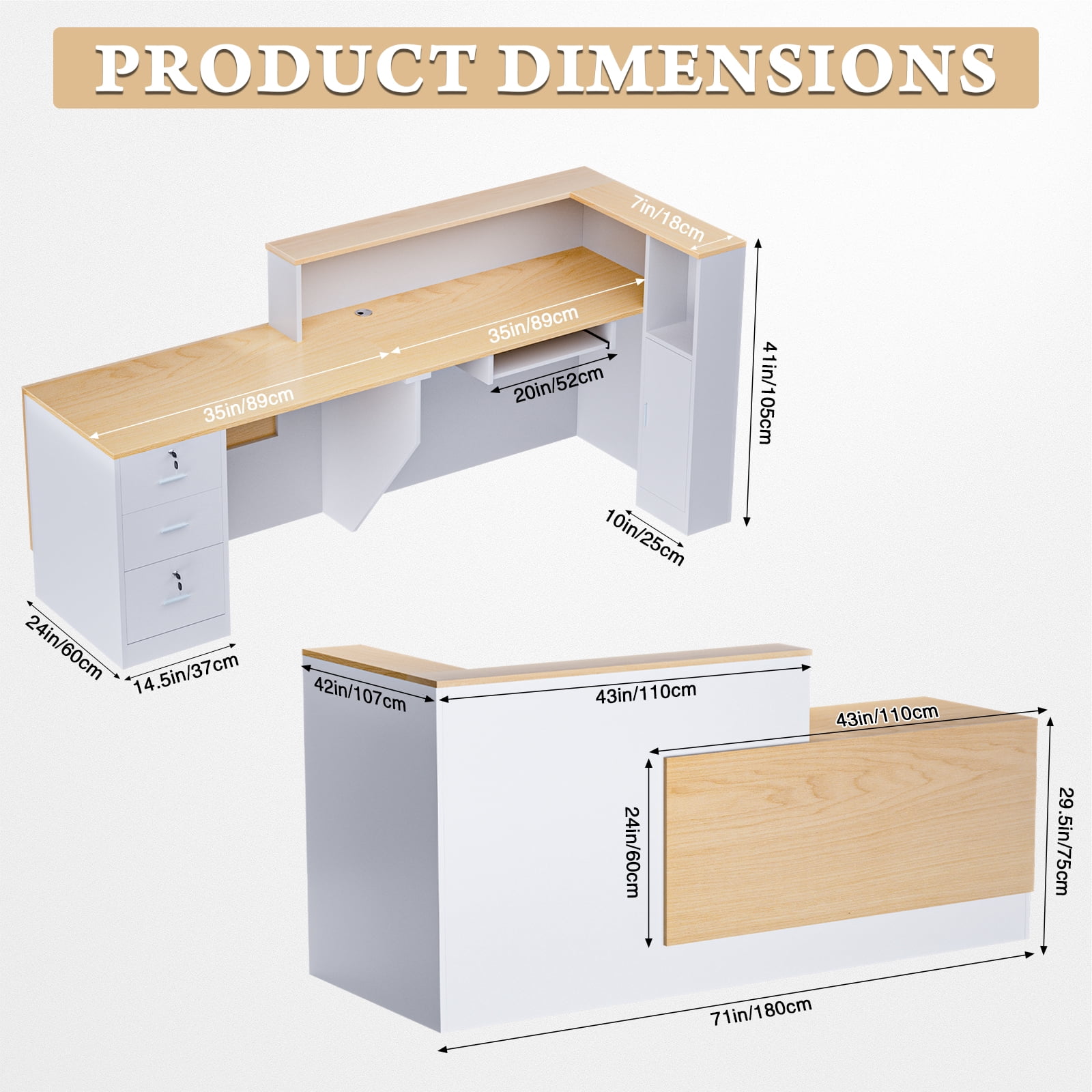 Vakiorn 71in L-Shaped Reception Desk Natural Wood White with Lockable Drawers for Office Lobby