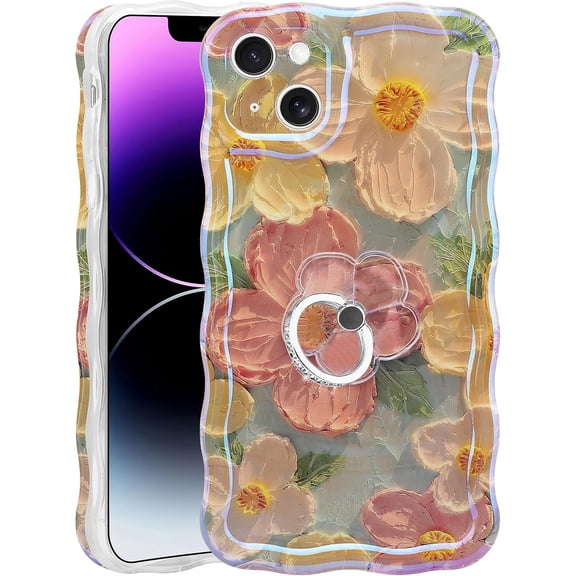 Oil Painting Flower Compatible with iPhone iPhone 14/15 Plus Case with Ring, Colorful Retro Floral Cute Curly Wave Frame Women Girls Cover (Green)