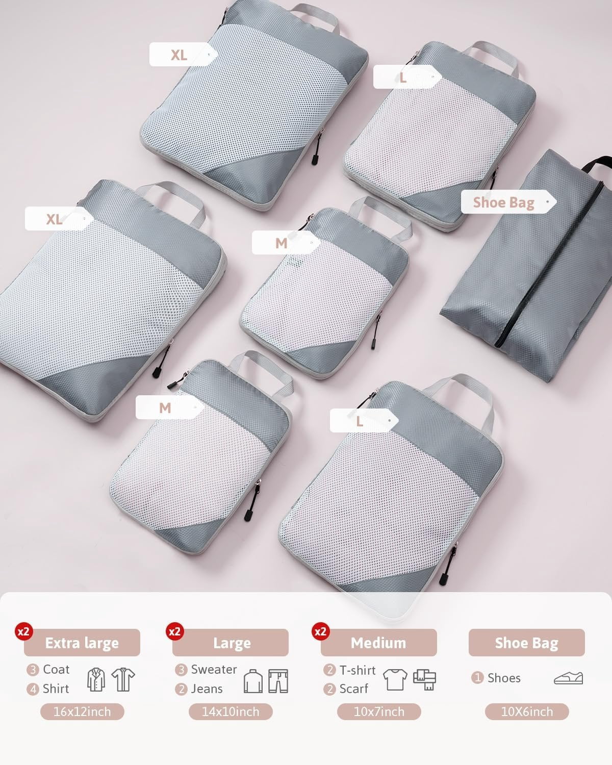 7 Set Compression Packing Cubes for Travel, Durable Ripstop Mesh Suitcase Organizer with Shoe Bag, Ultralight & Expandable Space Saver Travel Cubes