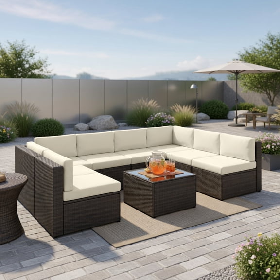 Resenkos 7-Piece Modular Outdoor Patio Furniture Set with Tempered Glass Coffee Table – All-Weather PE Rattan Sectional Sofa for 6, Cream White/Black/Dark Brown