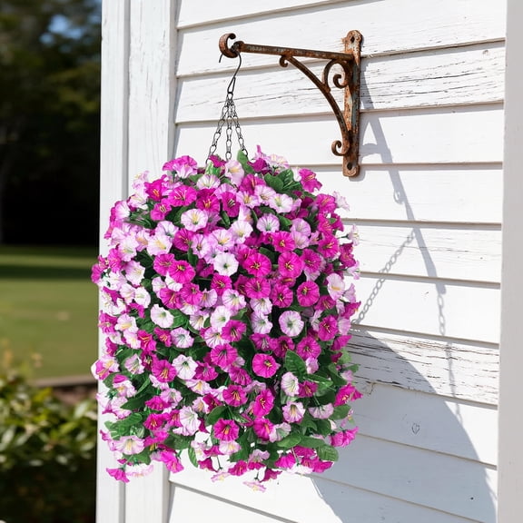 Scidweet Artificial Hanging Flowers Outdoor, 4 Bundles Faux Fake Silk Morning Glory Flowers Plants with Basket for Spring Summer Outside Patio Garden Porch Yard Home Decor