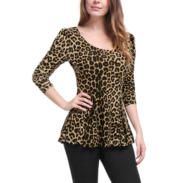 INSPIRAR CHIC Blusas de Mujer de Manga Larga con Estampado y Cuello Redondo Peplum 2XL Marrón-Leopardo