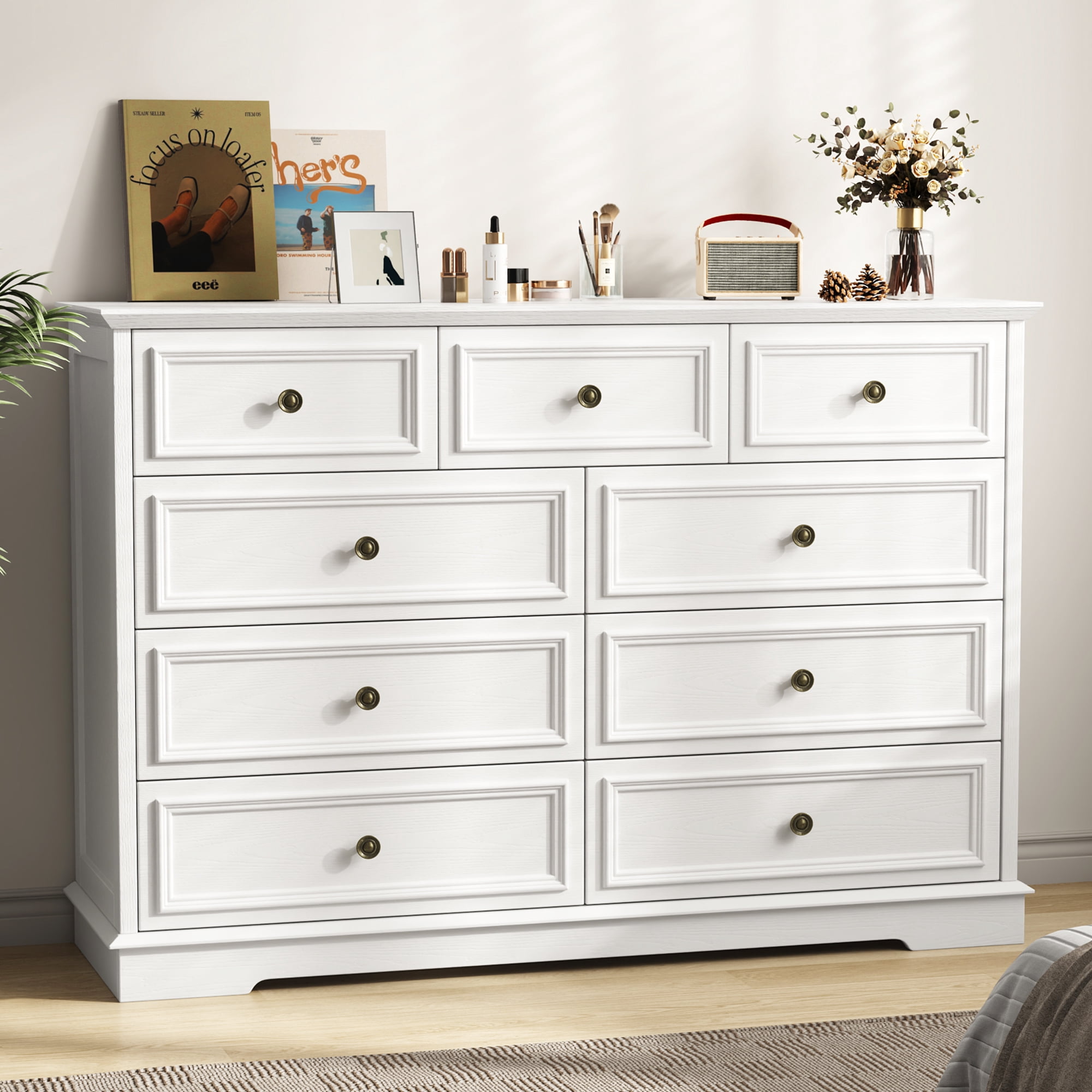 IDEALSOUL White Dresser, 9 Drawer Dresser with Round Metal Handle, 47.2" Retro Wood Storage Cabinet with 6 large drawer and 2 Small drawer for Living Room, Bedroom, Hallway