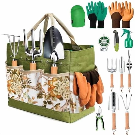 Gardening Tools 13 PCS Stainless Steel Heavy Duty Garden Tool Set with Storage Tote Bag, Knee Pads, Squirt Bottle and Gloves, Gardening Hand Tool Gifts Kit for Women Men$$Garden & Patio