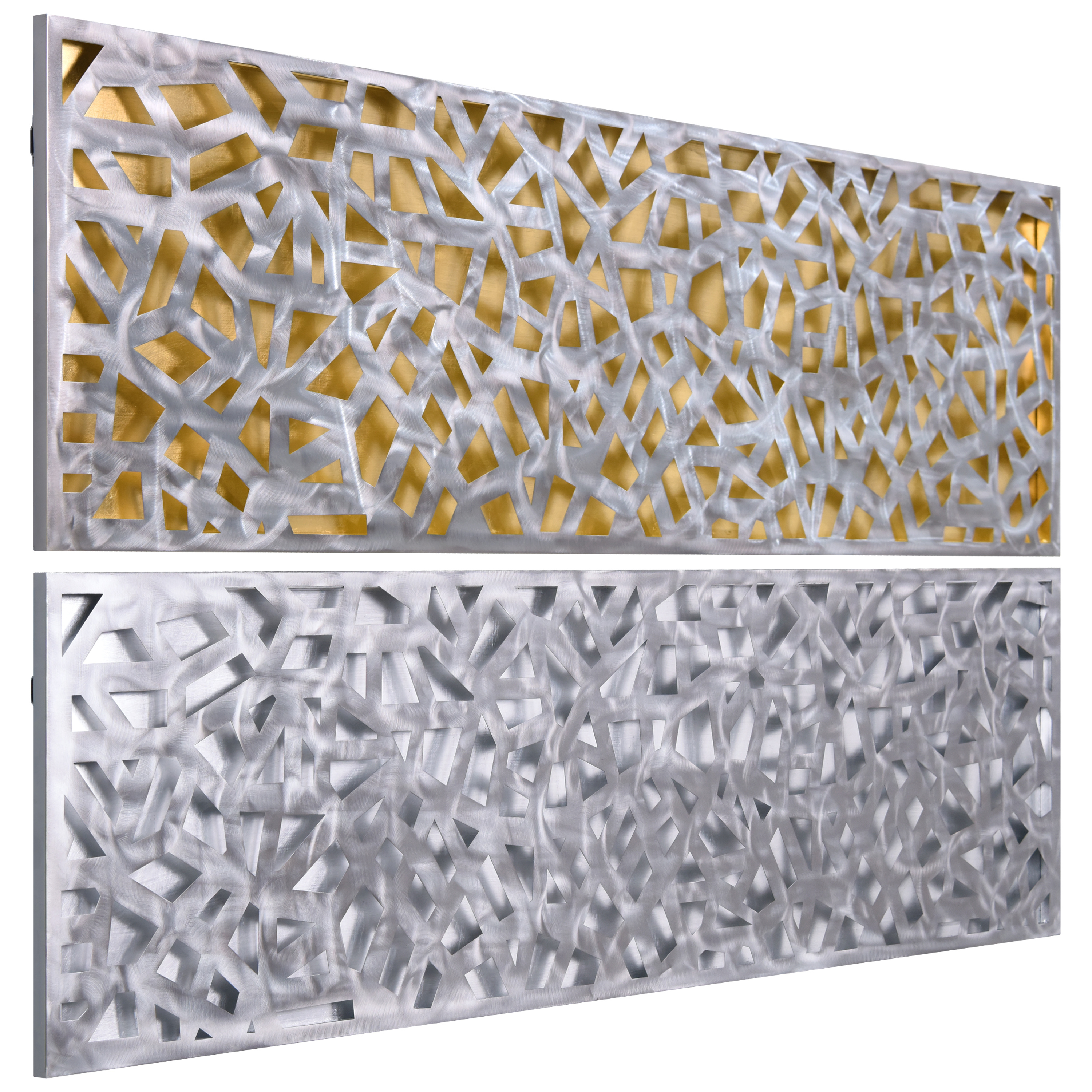 Radiant Fusion & Shimmering Cascade on Gold & Silver Leaf encased on a 3D Polished Steel Abstract Metal Wall Art