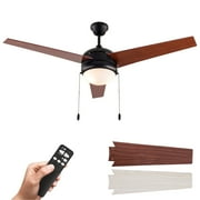 52" Contemporary Indoor Ceiling Fan with LED Light, Reversible AC Motor, Pull Chain and Remote Control, Walnut/Oak Reversible Blades and Matt Black Finish