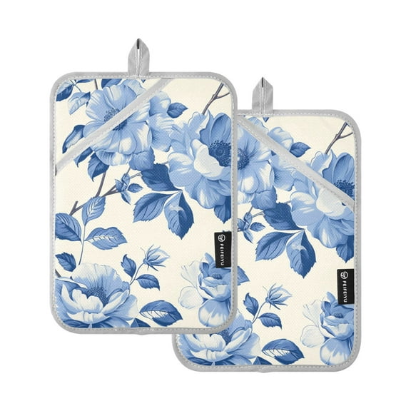 Blue White Flowers and Leaves Potholders Heat Resistant Pot Holder Set of 2 Oven Hot Pads with Pocket