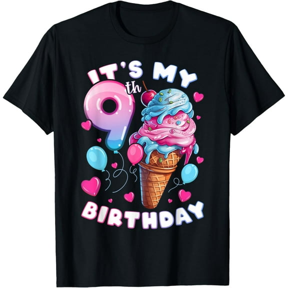 9th Birthday Girl 9 Years, Ice Cream, Number 9 T-Shirt