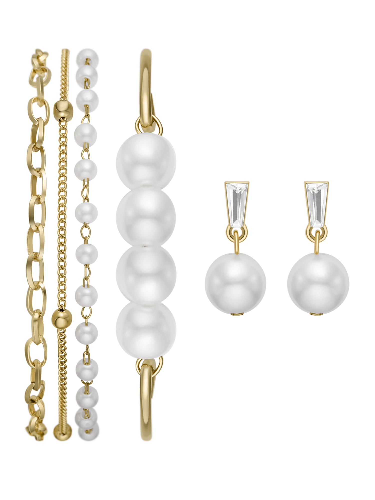 Folio Women's Gift Set; Gold Tone Bracelet Watch, Layered Faux Pearl Bracelets and Earrings (FMDAL1167)