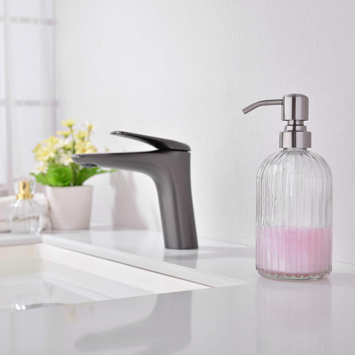Glass Soap Dispensers for Kitchen and Bathroom, 16oz Heavey Glass Bottle, Stainless Steel Brushed Nickel Pump,Clear Farmhouse Bathroom Soap Dispenser,2 Packs