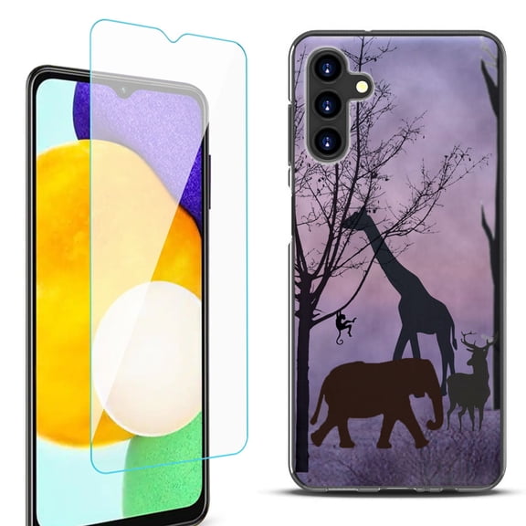 Slim-Fit Protective Fashion Phone Case (Black) for Samsung Galaxy A13 5G, with Tempered Glass Screen Protector, by OneToughShield ® - Twilight Safari