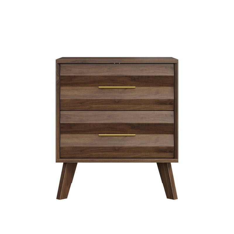 1-Pcs Accent Wooden Nightstand with Gold Metal Handles, Bedside Storage Table Small Cabinet with 2 Drawers