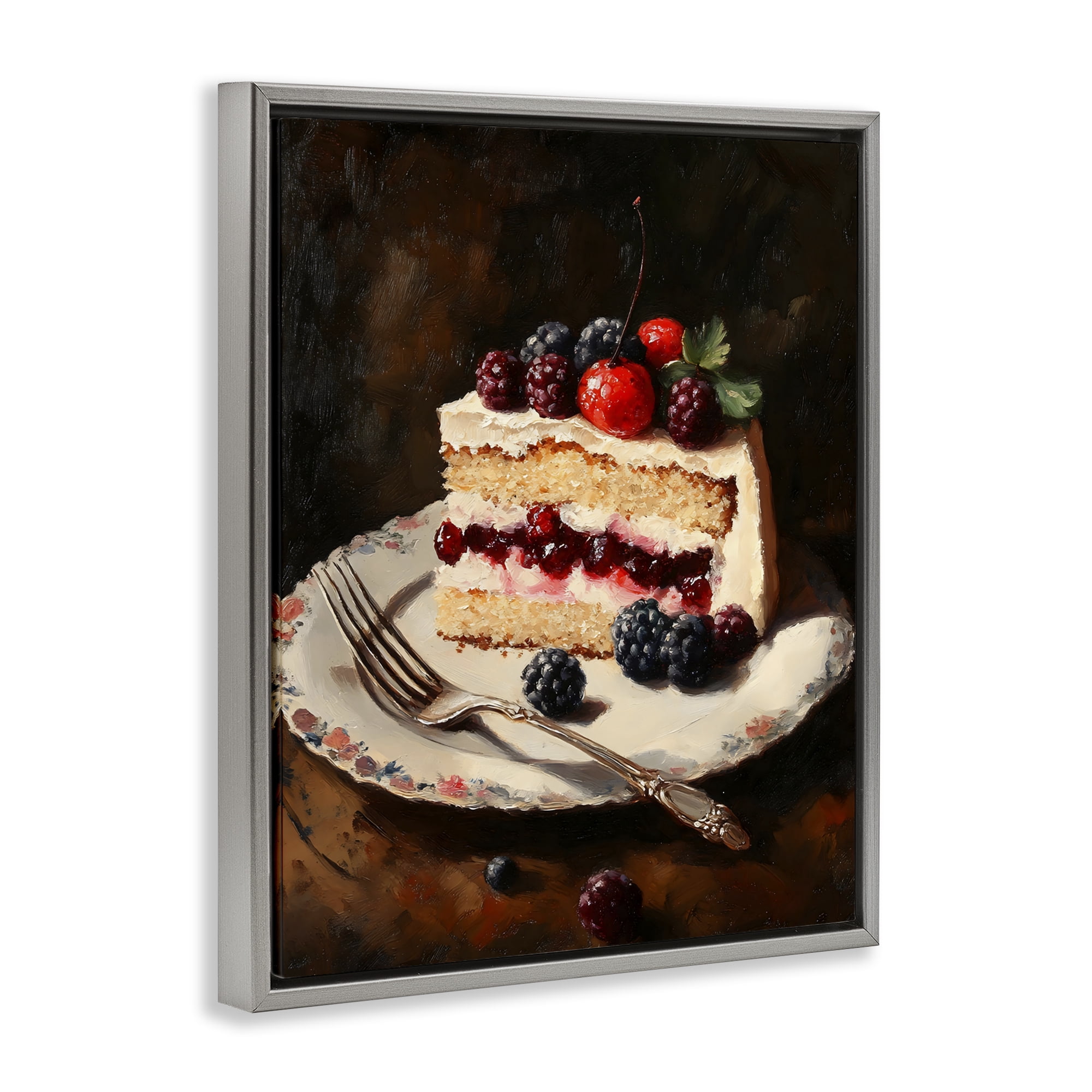 Stupell Industries Berry Topped Cake Slice Gray Framed Floater Canvas Wall Art, design by Franklyn Gregory