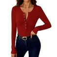 thumbnail image 5 of Lenpel Long Sleeve Shirts for Women Trendy Scoop Neck Half Button Ribbed Knit Slim T-Shirts Basic Casual Tees Going out Tops(Red,Large), 5 of 7