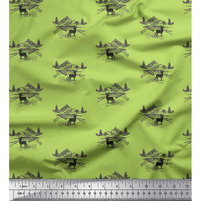 Soimoi Green Rayon Fabric Landscape & Reindeer Animal Print Fabric by Yard 56 Inch Wide