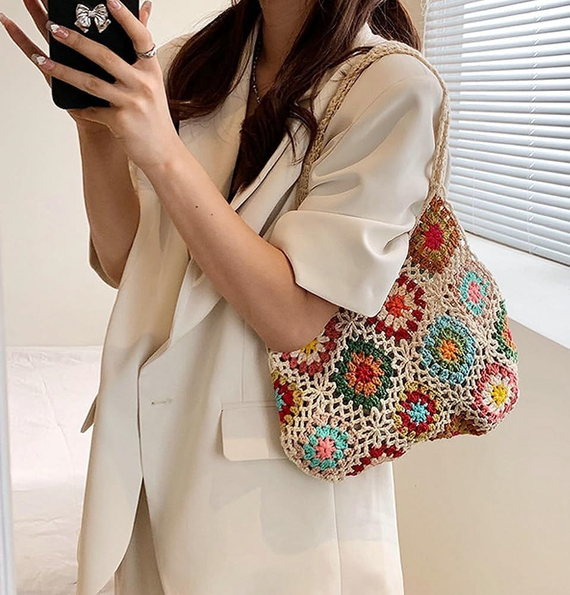 Kukuzhu Cute Floral Knitted Shoulder Bag Women Aesthetic Fairy Y2k Hobo Bag Crochet Small Hand Woven Beach Mesh Tote Purse