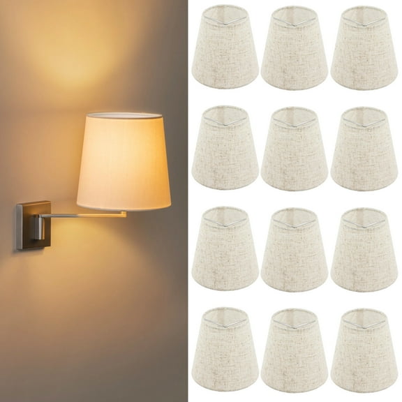 12 PCS Fabric Lamp Shade, Clip-on Fabric Lamp Shade, Traditional Chandelier Candle Bulb Lampshade, Linen Fabric Elegant Lampshade, 3.5" Top x 5.1" Slant Height x 5.5" Bottom