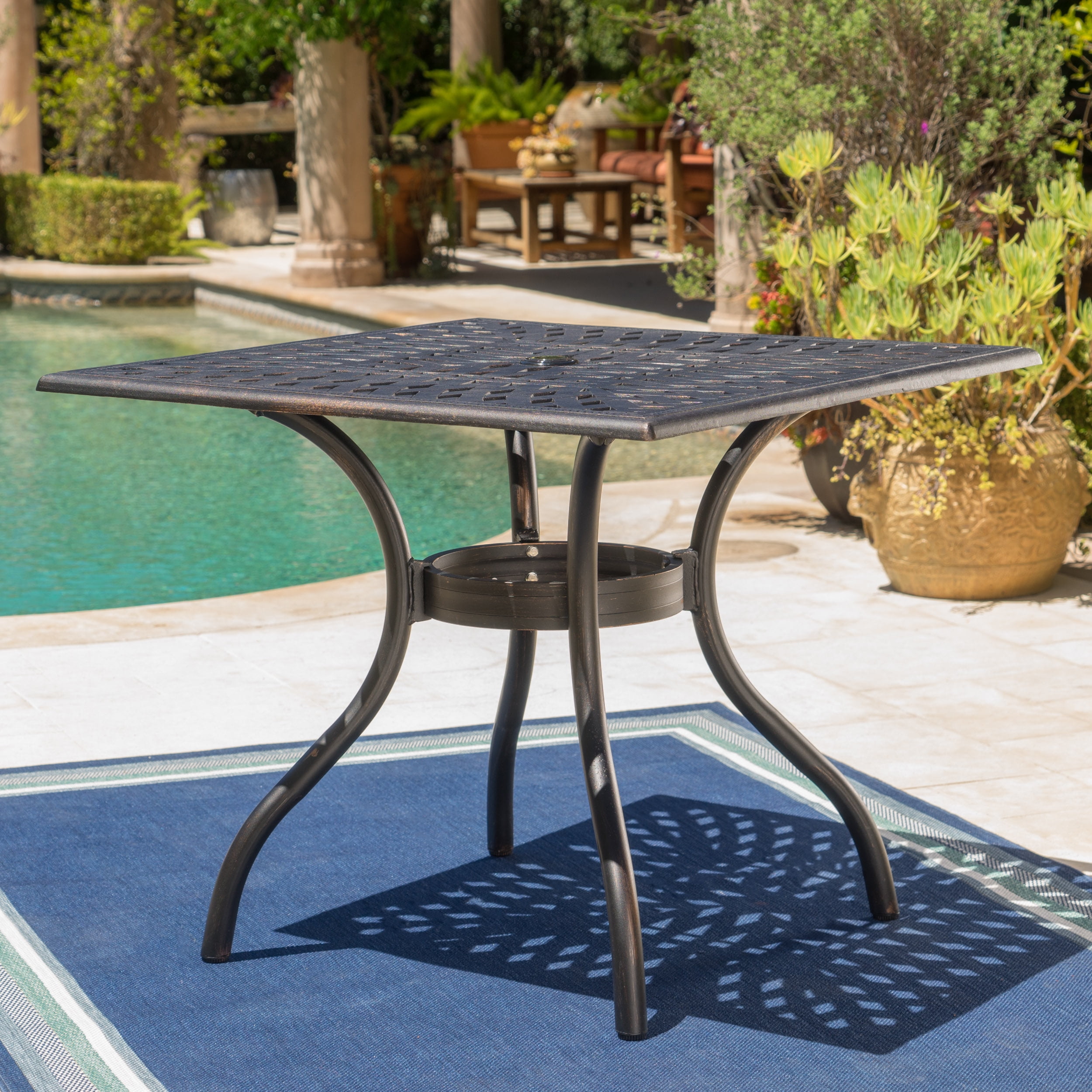 Atlanta Outdoor 5 Piece Cast Aluminum Square Dining Set, Shiny Copper Finish