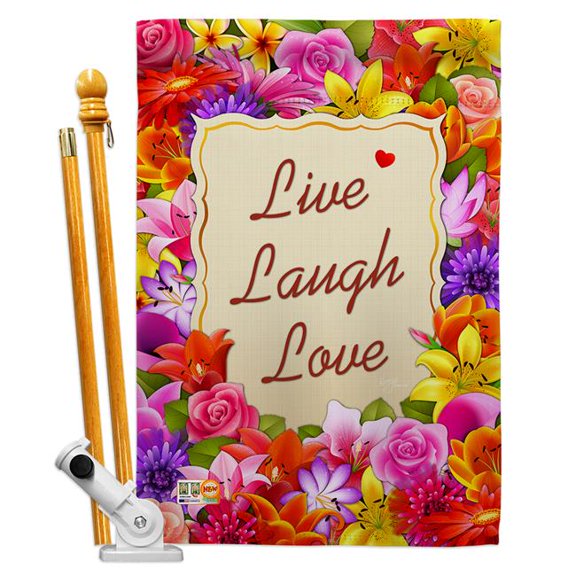 Breeze Decor BD-SH-HS-100055-IP-BO-D-US13-BD 28 x 40 in. Welcome Live, Laugh, Love Inspirational Sweet Home Impressions Decorative Vertical Double Sided House Flag Set with Pole Bracket Hardware